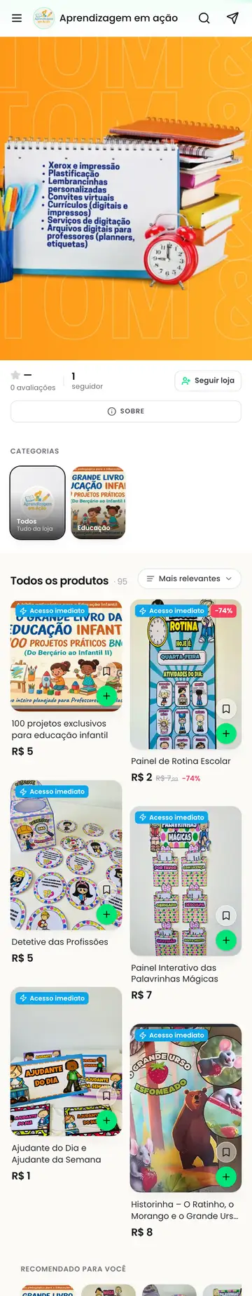 Loja Aprendizagem em Ação aberta no celular, com a vitrine e os produtos