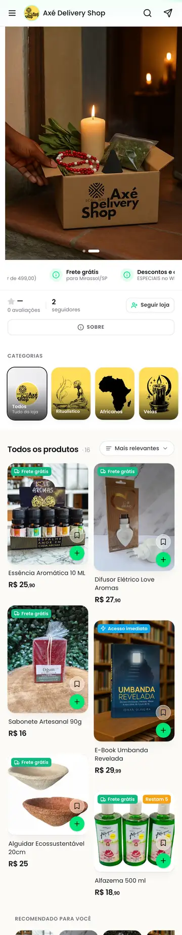 Loja Axé Delivery Shop aberta no celular, com a vitrine e os produtos