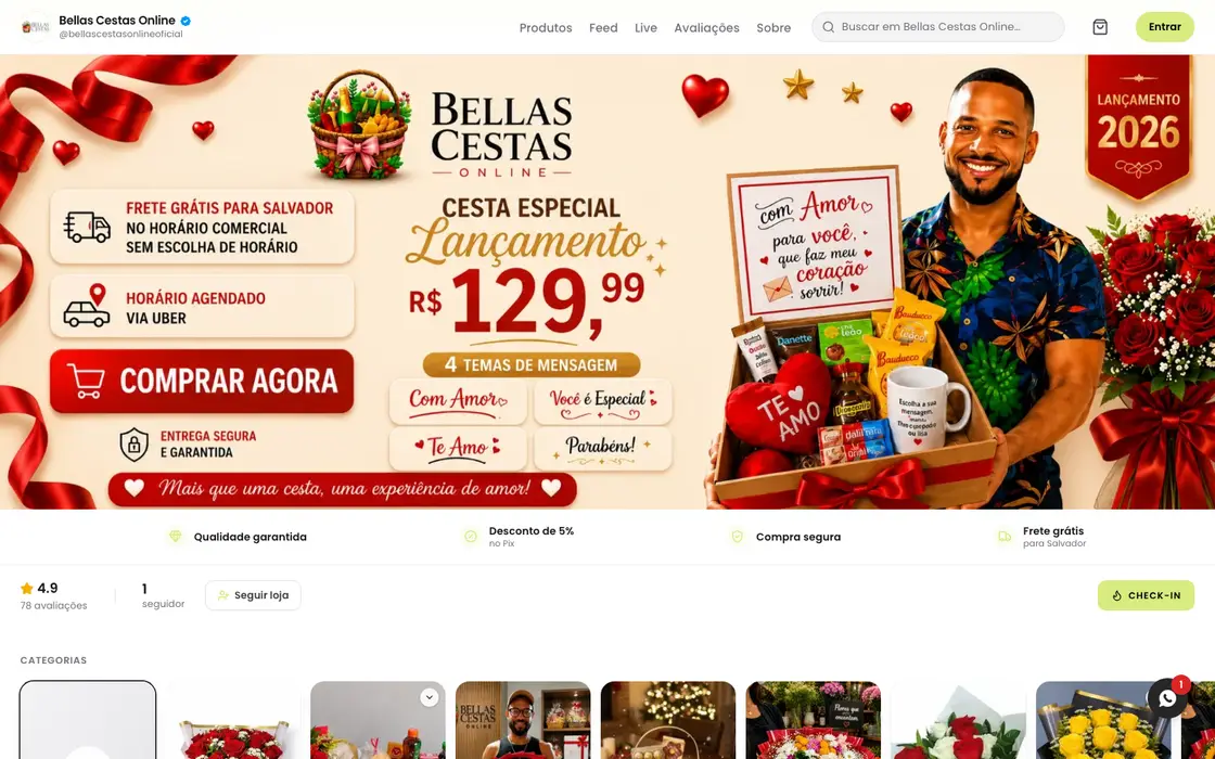 Página inicial da loja Bellas Cestas Online no computador