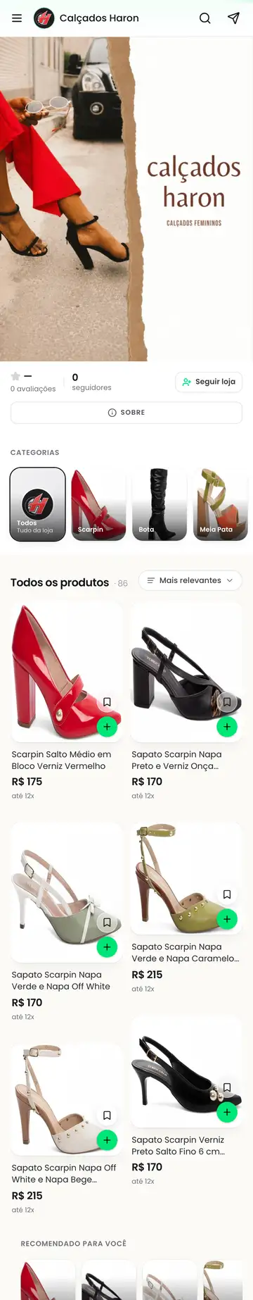 Loja Calçados Haron aberta no celular, com a vitrine e os produtos
