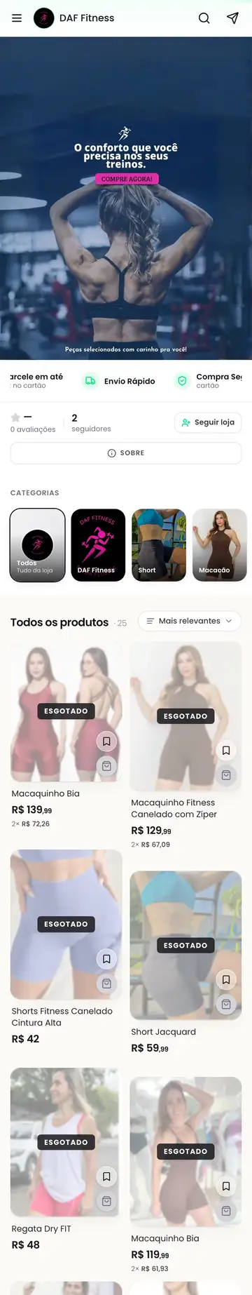 Loja DAF Fitness aberta no celular, com a vitrine e os produtos