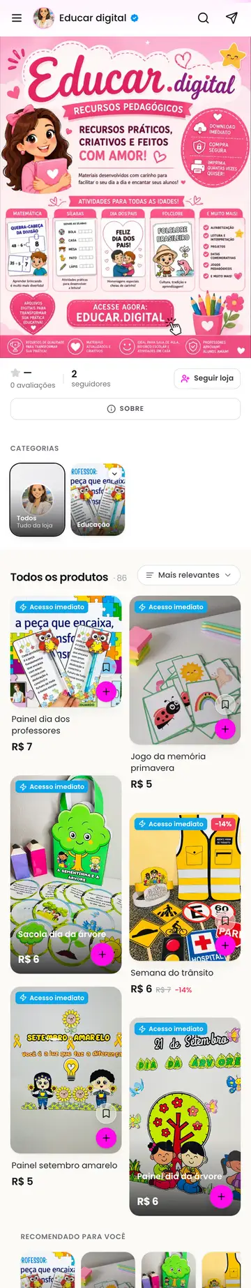 Loja Educar Digital aberta no celular, com a vitrine e os produtos