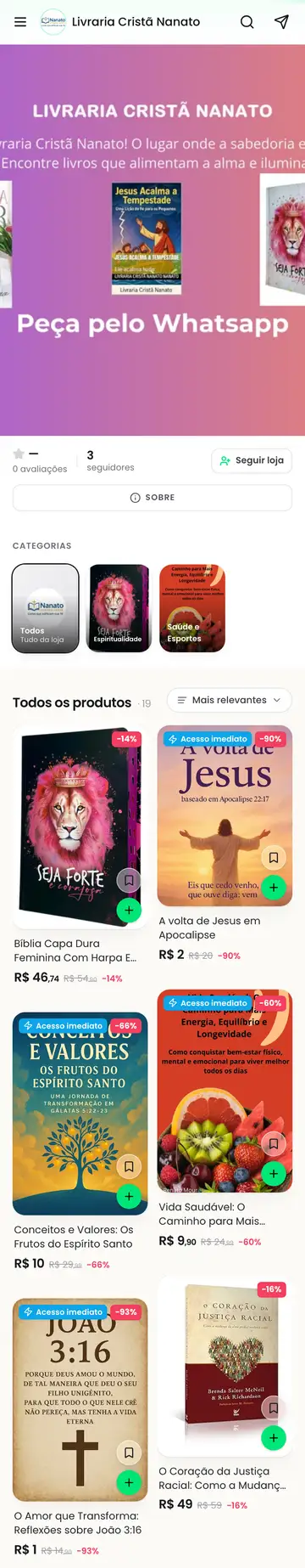 Loja Livraria Cristã Nanato aberta no celular, com a vitrine e os produtos