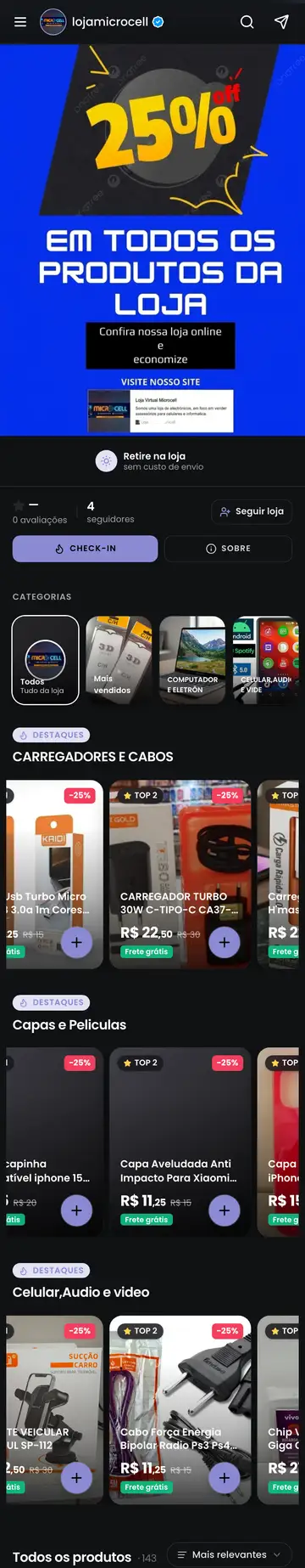 Loja Microcell aberta no celular, com a vitrine e os produtos