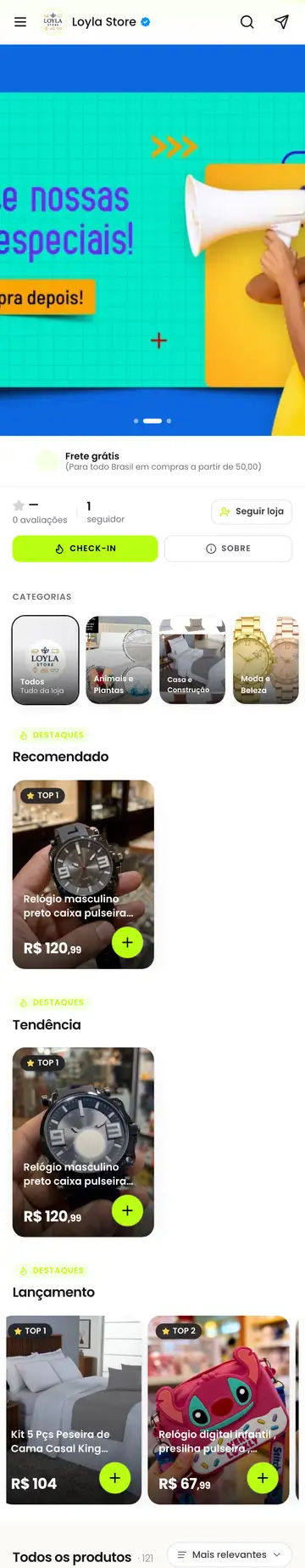 Loja Loyla Store aberta no celular, com a vitrine e os produtos
