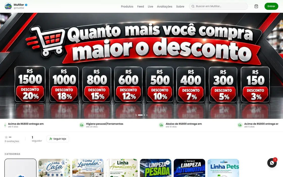 Página inicial da loja Multilar no computador