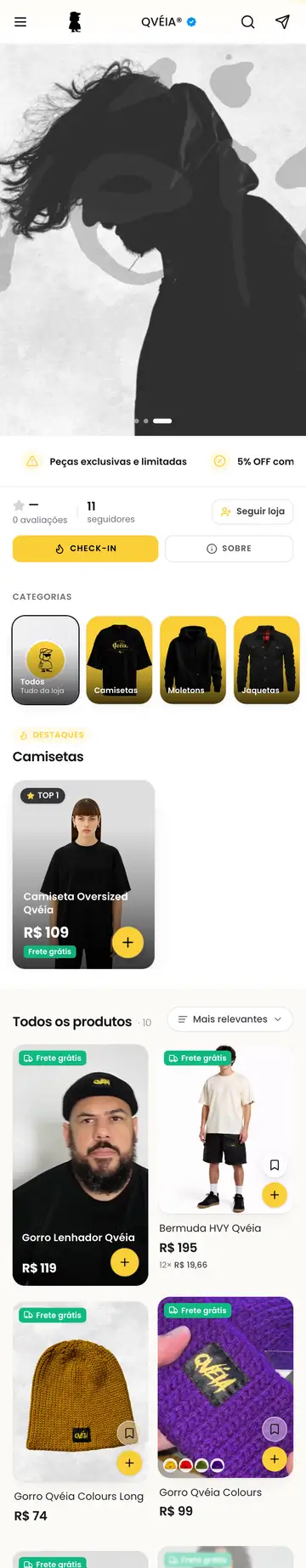 Loja QVÉIA® aberta no celular, com a vitrine e os produtos