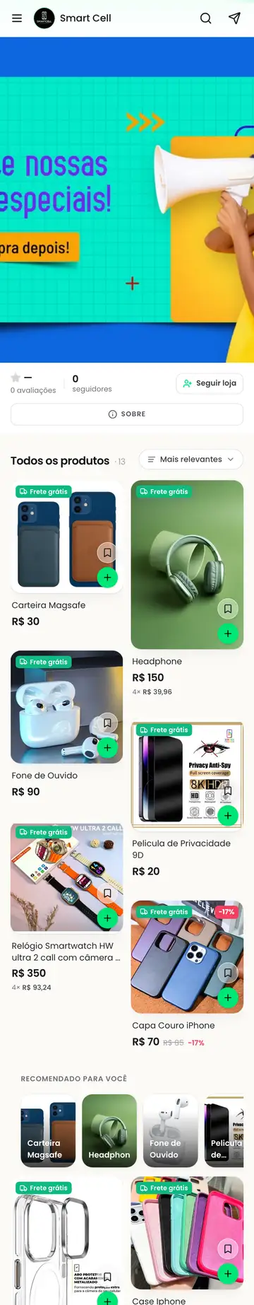 Loja Smart Cell aberta no celular, com a vitrine e os produtos
