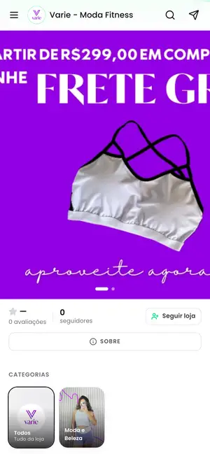Loja Varie Moda Fitness aberta no celular