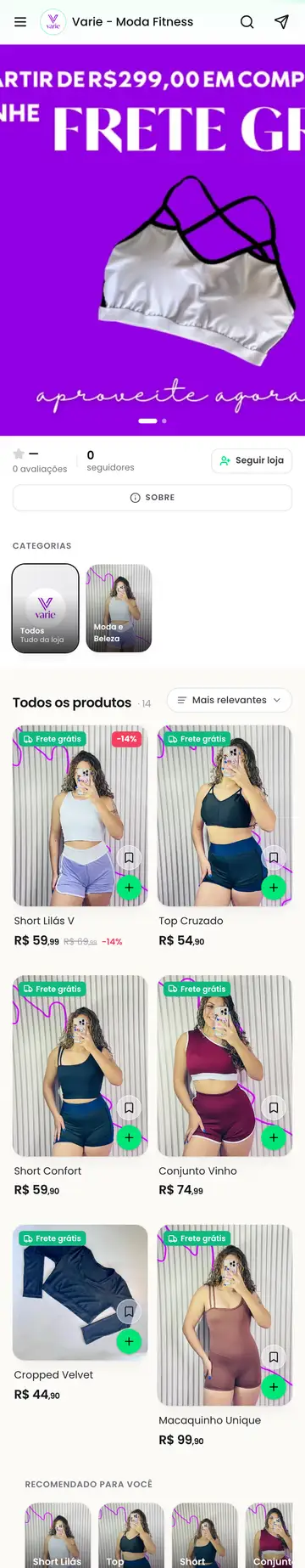 Loja Varie Moda Fitness aberta no celular, com a vitrine e os produtos