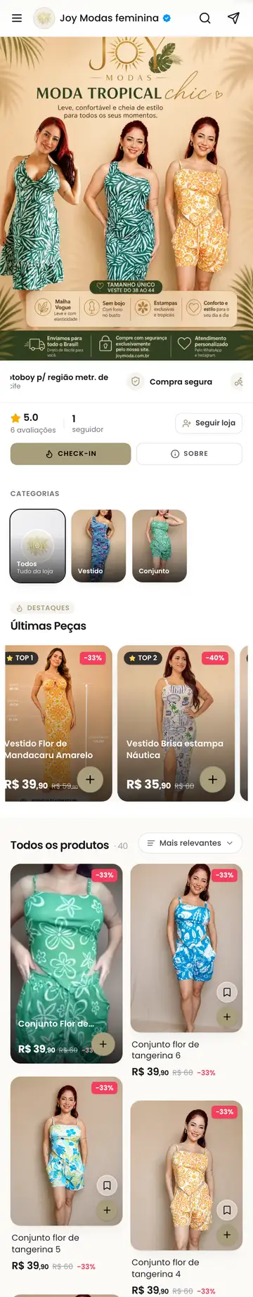 Loja Joy Modas aberta no celular, com a vitrine e os produtos