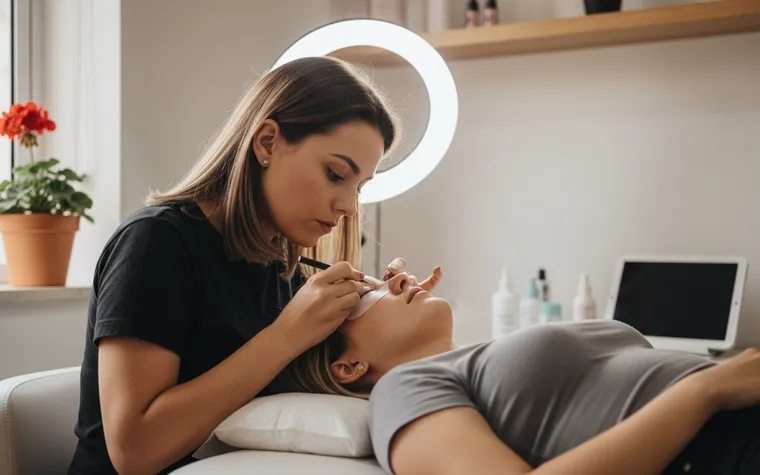 Lash designer de camiseta preta aplicando cílios com pinça numa cliente deitada na maca, com ring light acesa atrás e vaso de flor vermelha na janela
