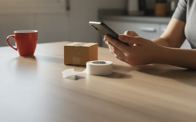 Mãos segurando um celular sobre a mesa da cozinha, ao lado de uma caixa de pedido pronta para fechar