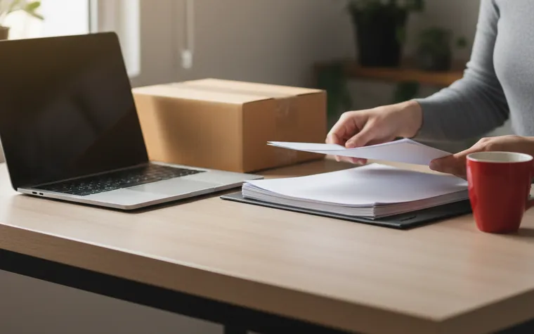 Mesa de trabalho com notebook fechado, pasta de documentos e papéis ao lado de uma caixa de envio