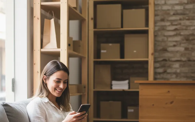 Cliente sentada no sofá sorrindo para o celular, com um pacote de compra aberto ao lado