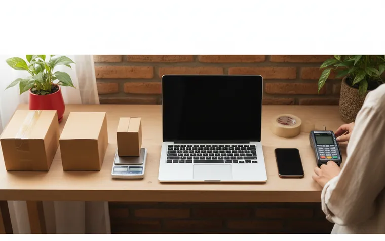 Bancada vista de cima com notebook, celular, fita e três caixas de envio alinhadas