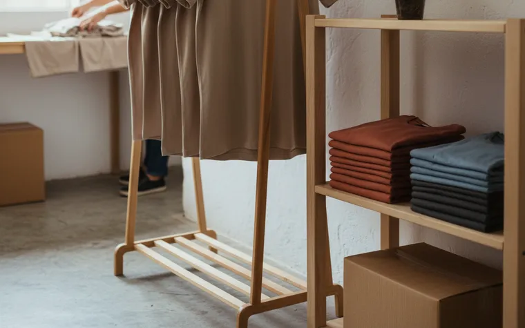 Arara com peças da mesma cor em tamanhos diferentes e pilhas dobradas em outras cores na prateleira