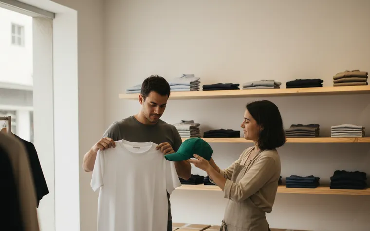 Vitrine de loja de roupas com um cliente olhando uma camiseta enquanto a vendedora oferece um boné que combina