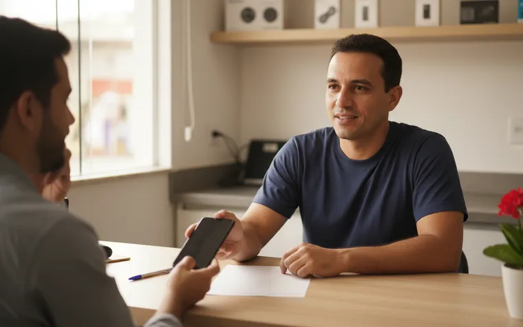 Técnico de assistência atendendo um cliente no balcão, com uma folha e uma caneta sobre a mesa