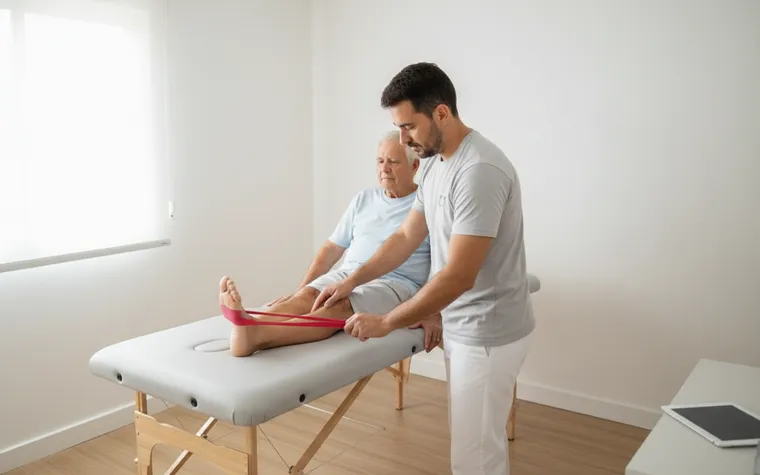 Fisioterapeuta ajudando um paciente idoso sentado na maca a puxar uma faixa elástica com o pé, numa sala clara de clínica