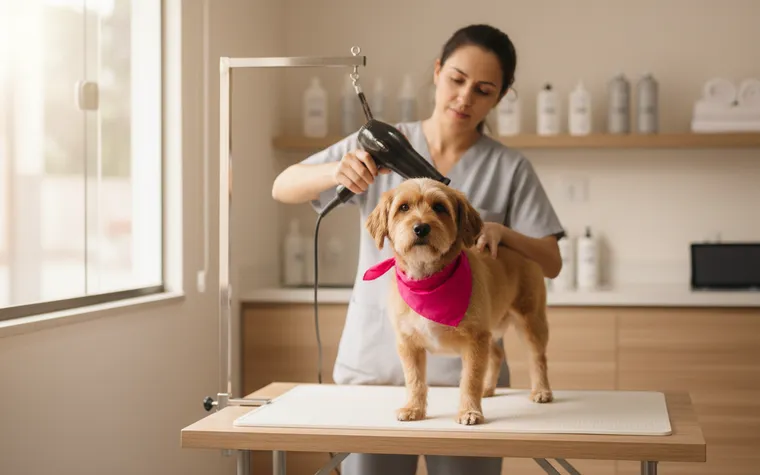 Banhista secando um cachorrinho de lenço rosa sobre a mesa de banho, com frascos de produto na prateleira ao fundo