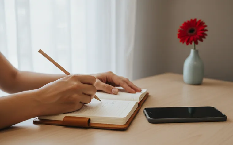 Mãos de uma prestadora de serviço anotando um horário num caderno ao lado do celular