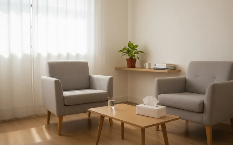 Sala de atendimento com duas poltronas cinza frente a frente, mesinha de centro com caixa de lenços e copo de água, e luz suave entrando pela cortina