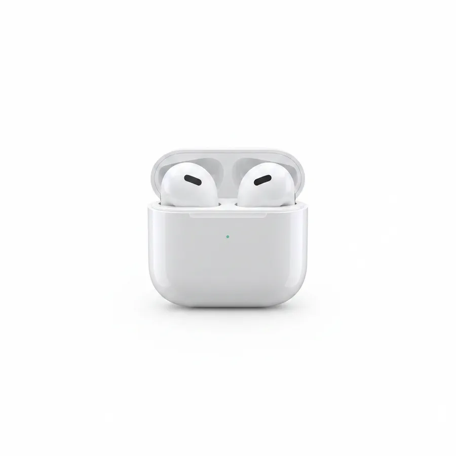 O mesmo fone bluetooth branco em fundo branco de catálogo, com luz frontal uniforme