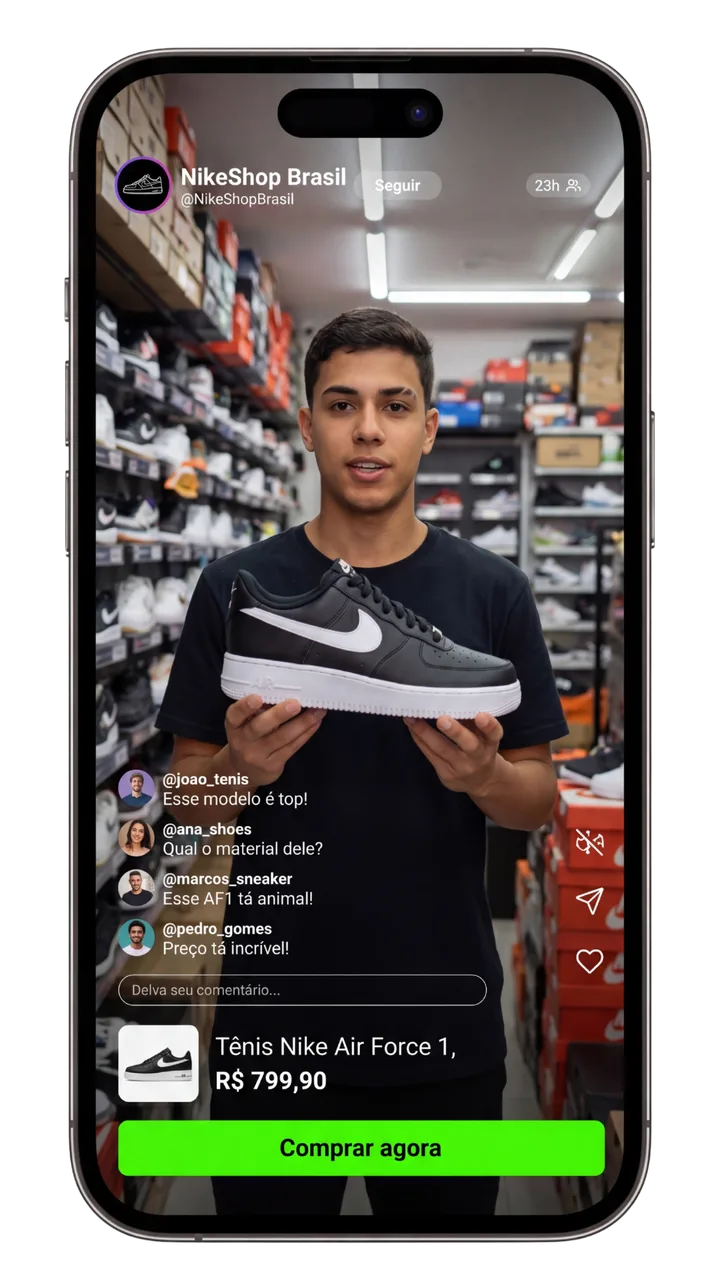 Live de uma loja de tênis no celular: o vendedor mostra o produto, o chat corre na lateral e embaixo aparece o card do tênis com o botão Comprar agora