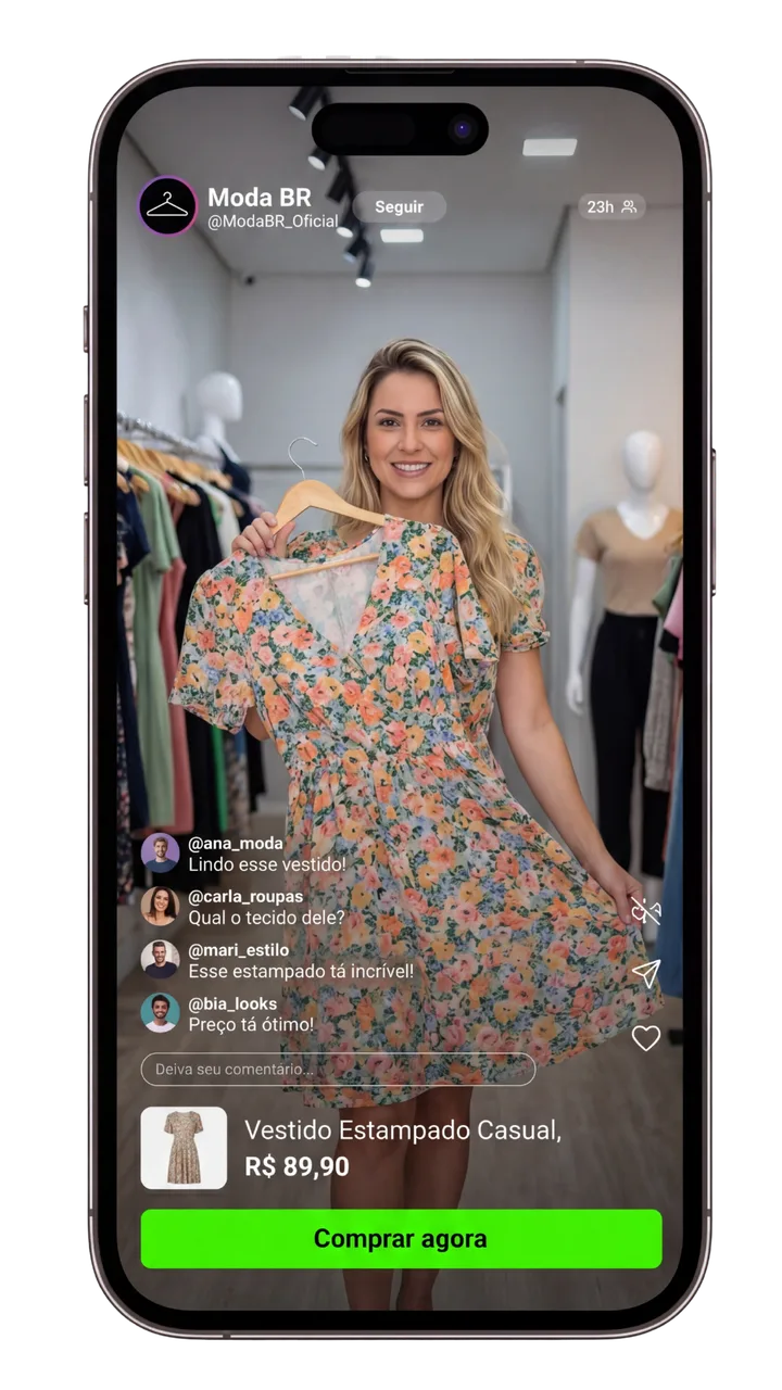 Live de uma loja de roupas no celular: a vendedora mostra um vestido e embaixo aparece o card do produto com preço e botão Comprar agora