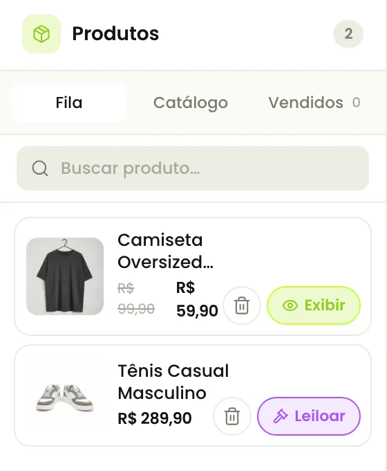 Fila de produtos da live no painel, com as abas Fila, Catálogo e Vendidos e os botões Exibir e Leiloar em cada item