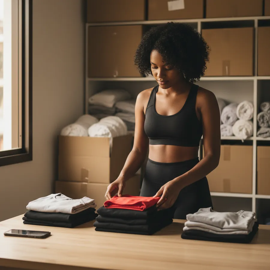 Lojista conferindo peças de roupa fitness dobradas sobre a mesa do estoque