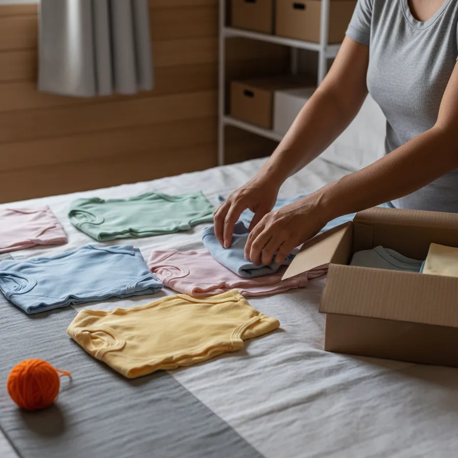 Mãe arrumando pequenos conjuntos infantis coloridos sobre a cama, ao lado de uma caixa de envio