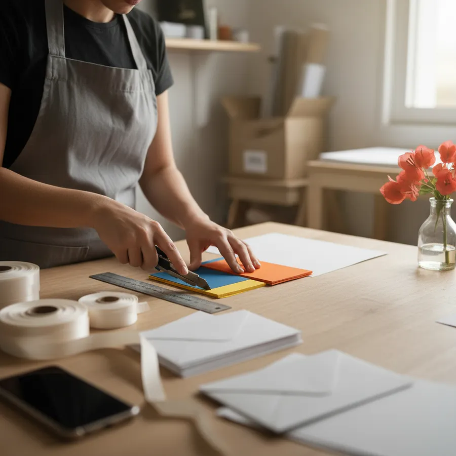 Artesã cortando cartões coloridos com régua e estilete numa mesa de papelaria