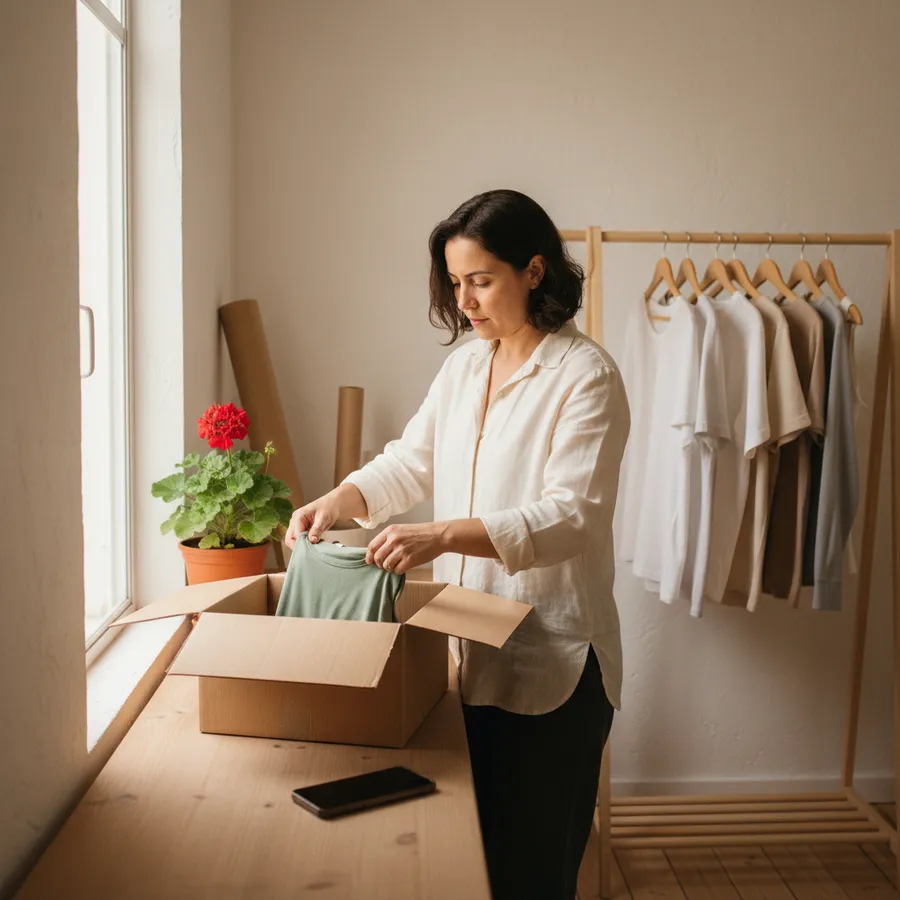 Lojista de moda dobrando uma blusa para colocar na caixa de envio, ao lado de uma arara de roupas