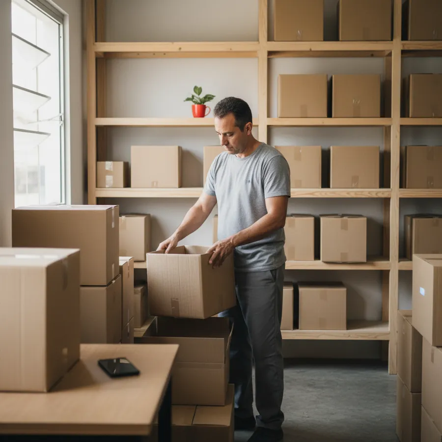 Dono de distribuidora separando pedidos grandes em caixas num depósito