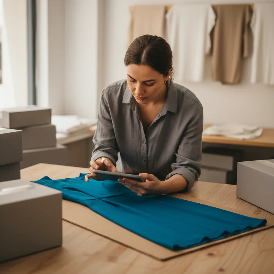 Lojista fotografando uma peça de roupa com o celular sobre a mesa para postar