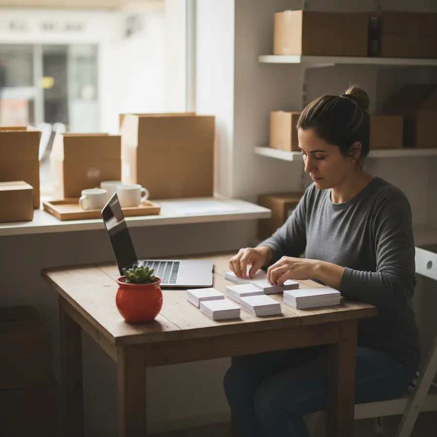 Lojista organizando fichas de clientes em branco numa mesa de escritório pequeno