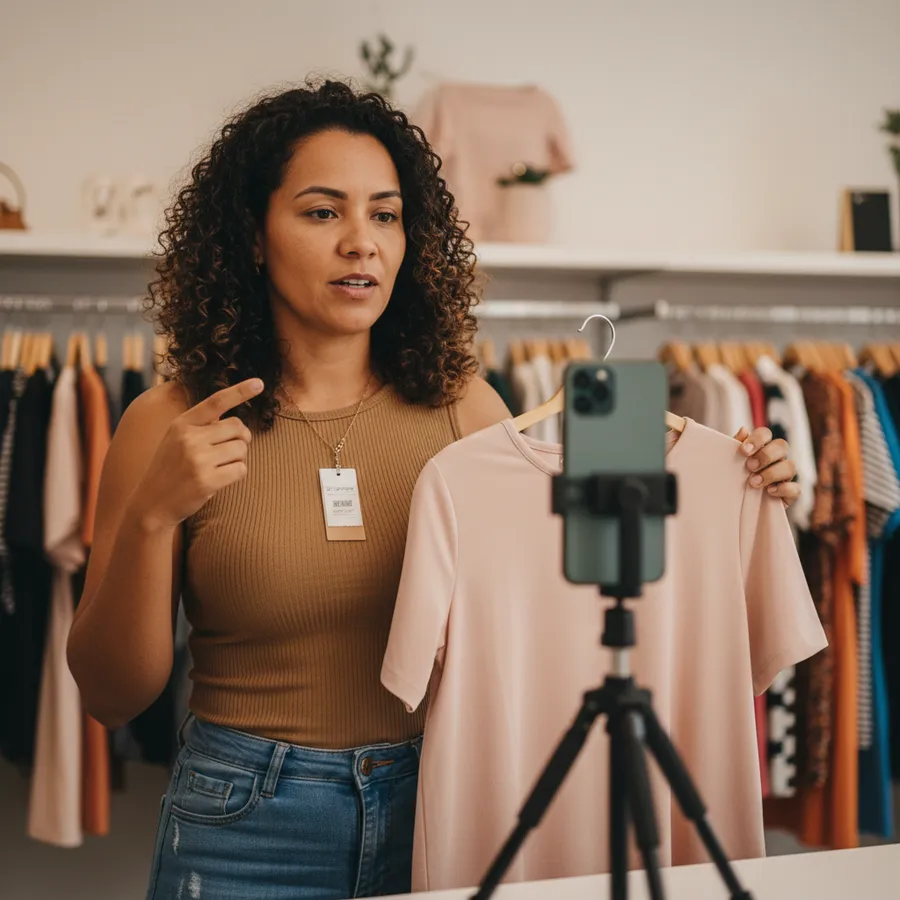 Lojista mostrando uma peça de roupa para o celular preso num tripé, dentro da própria loja, com a arara de roupas atrás