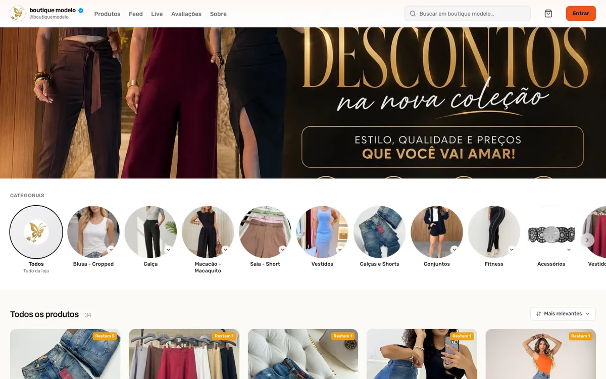 A mesma loja de moda com o tema Marketplace, no computador