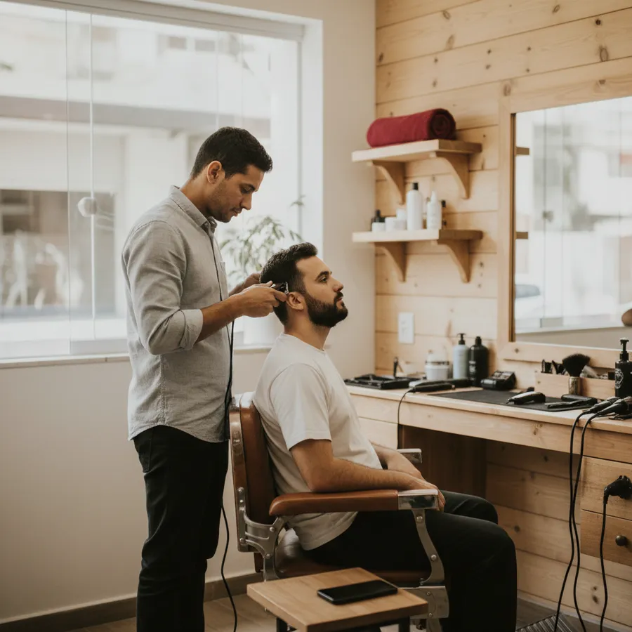 Barbeiro de camisa cinza passando a máquina no cabelo de um cliente de barba sentado numa cadeira de couro, numa barbearia com parede de madeira e prateleiras de produtos